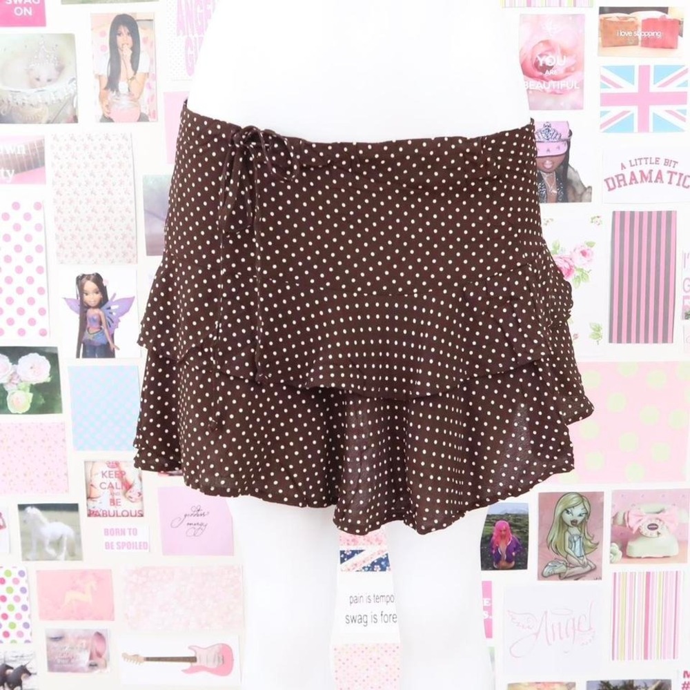 brown polka dot tiered ruffle mini skirt‎